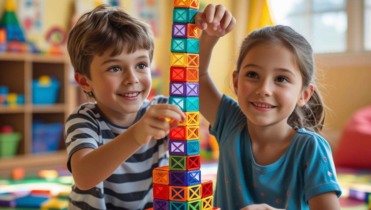 Dos niños colaborando para construir una torre con bloques magnéticos.