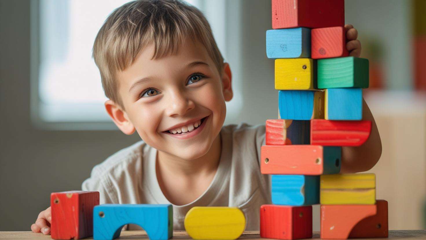 Niño sonriendo feliz mientras apila bloques de madera de colores.